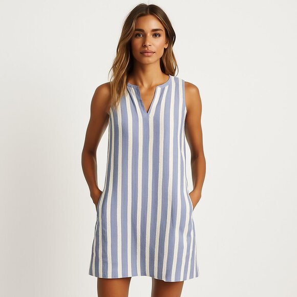Beachlunchlounge Linen Blend Striped Shift Dress Pockets XS Blue White Vacation - Picture 2 of 10